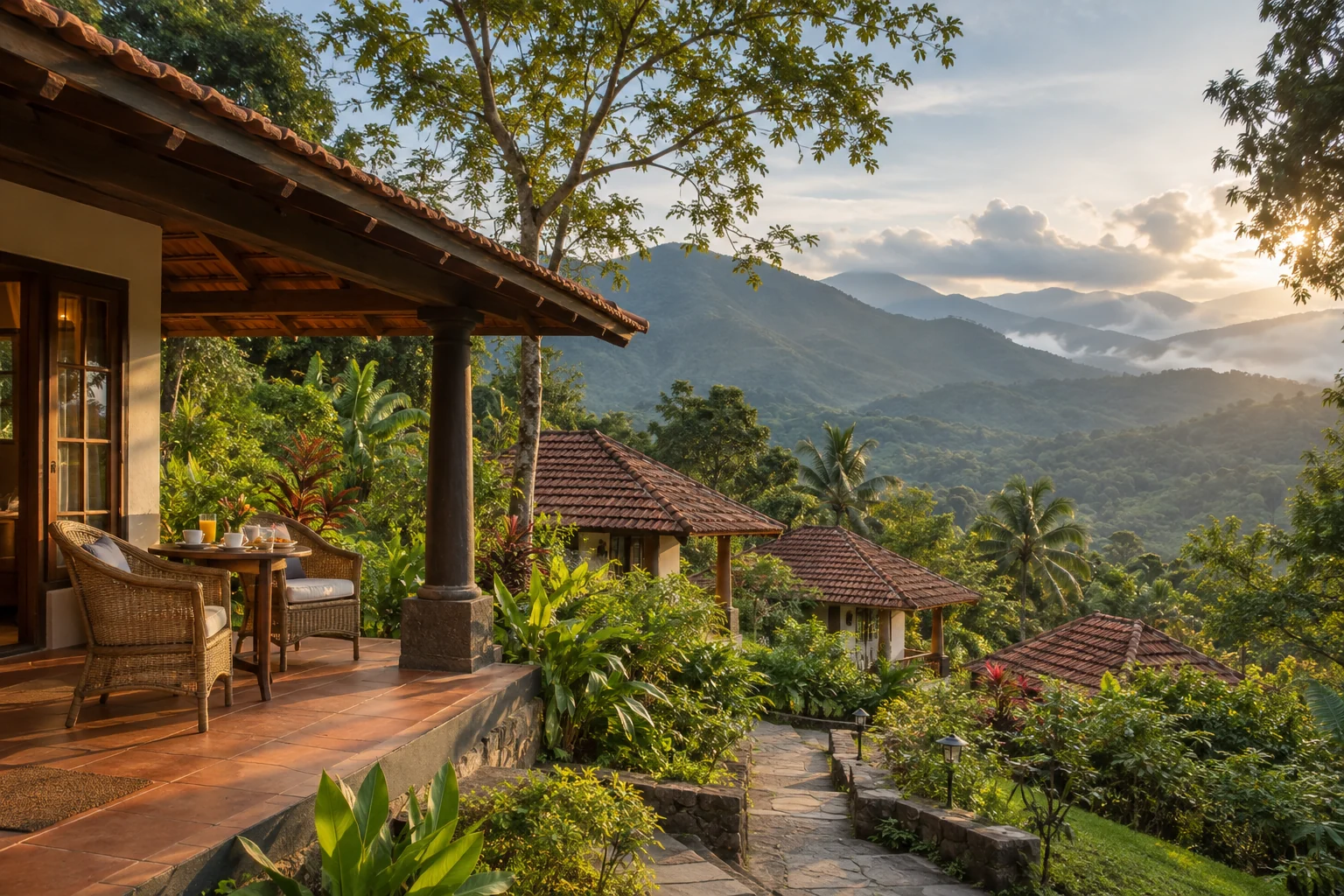 Illustrative hillside cottages with a welcoming verandah and misty green valley